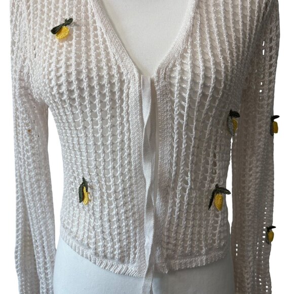 White Knit Cardigan With Yellow Lemon Embroidery & Tie Front Closure Womens XL - Picture 8 of 14